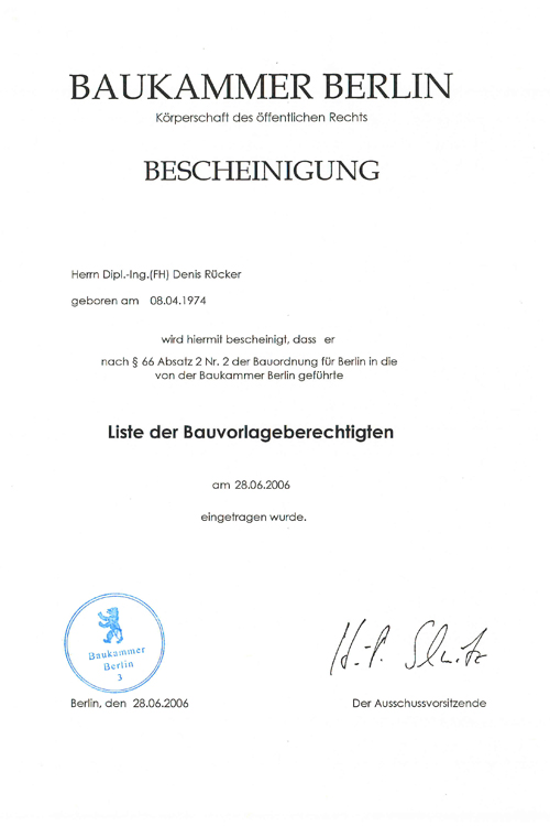 Zertifikat Bauvorlageberechtigung