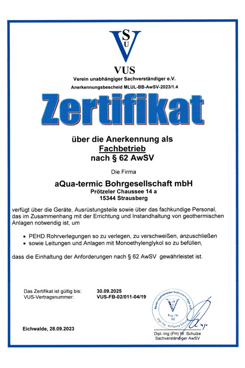 Zertifikat VUS Fachbetrieb
